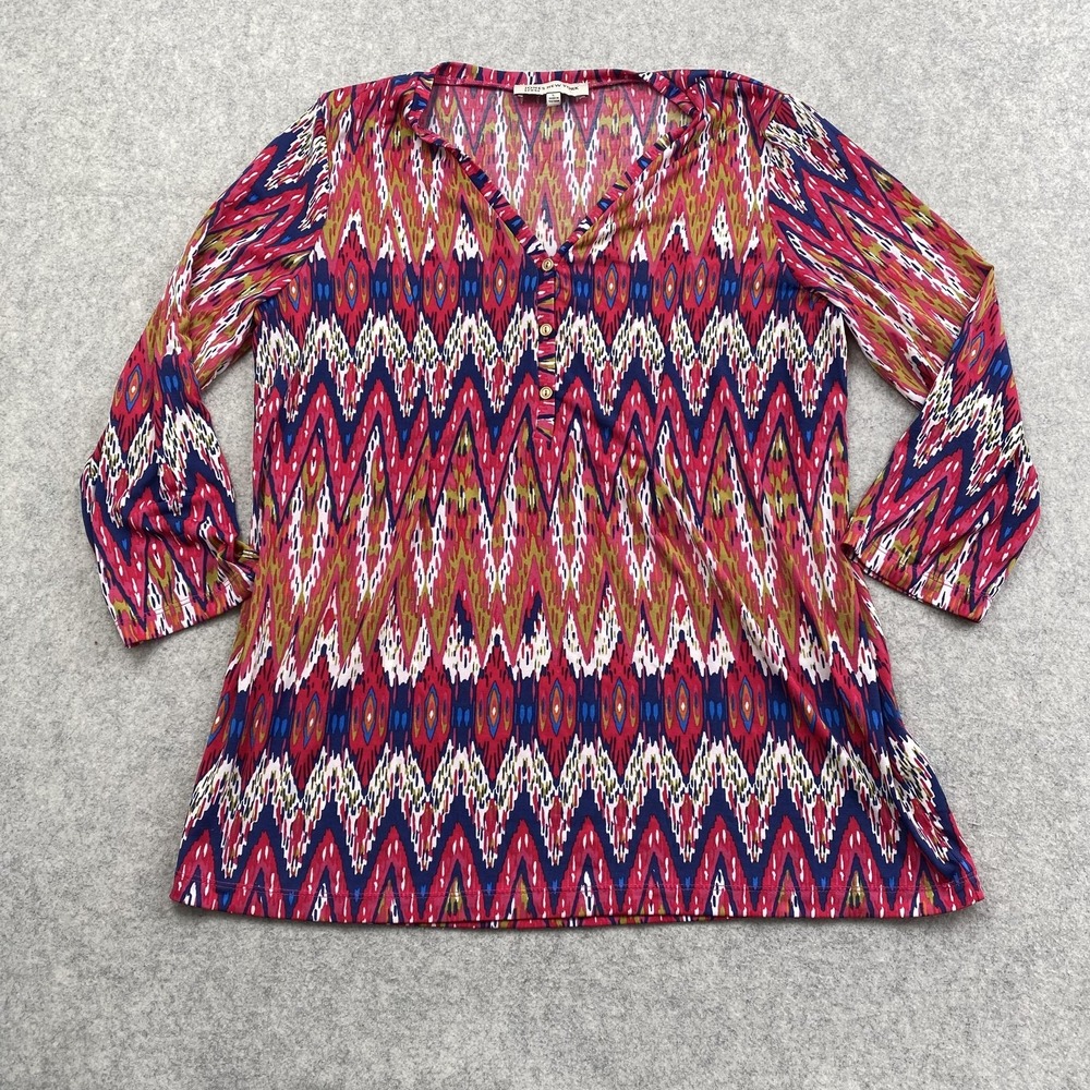 Jones New York Sport Blouse Womens L Geometric Henley 3/4 Sleeve Tunic Top